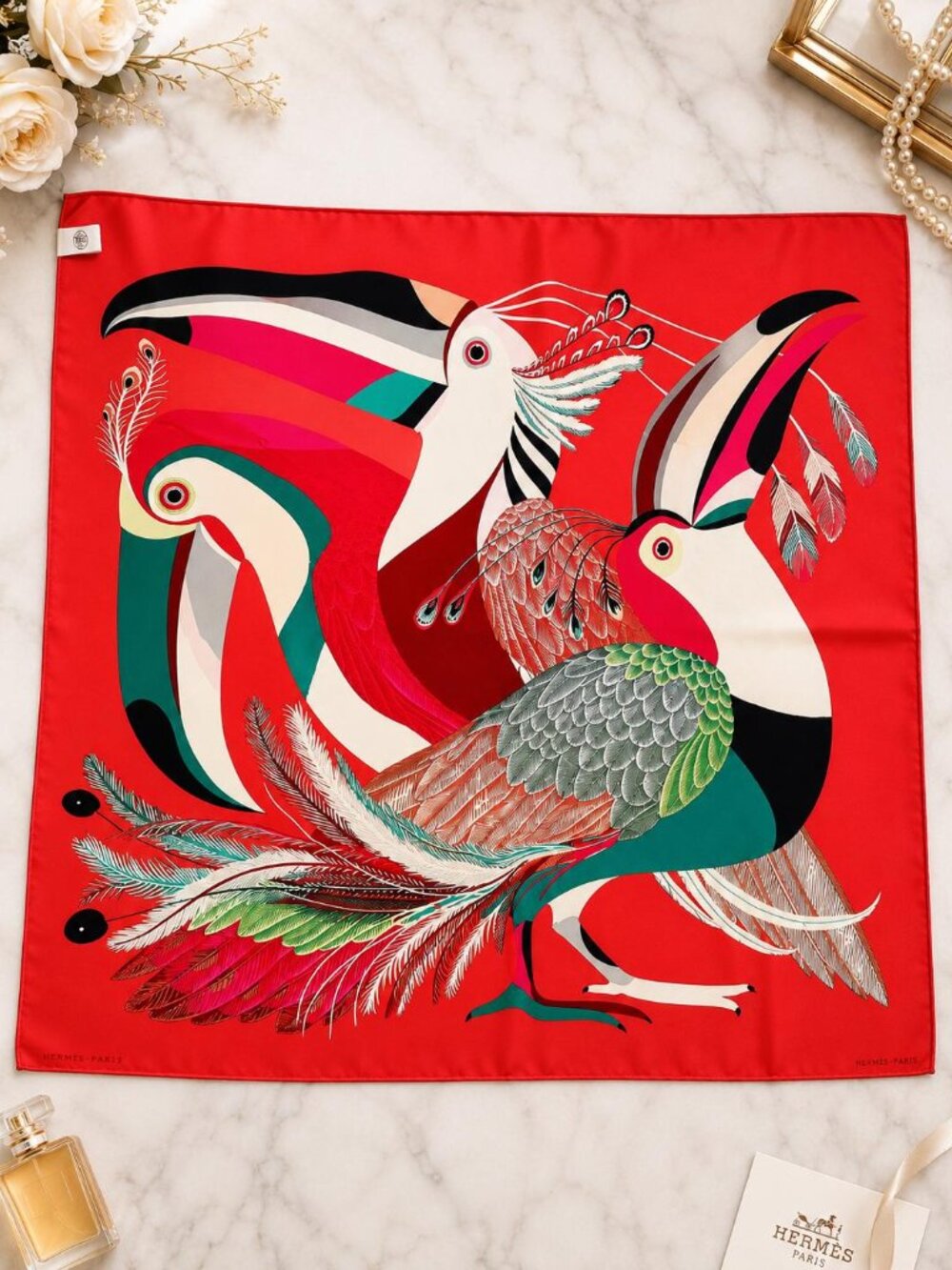 Authentic Hermès Les Toucans Silk Scarf 90 Red Bird Print Carre Luxury Designer